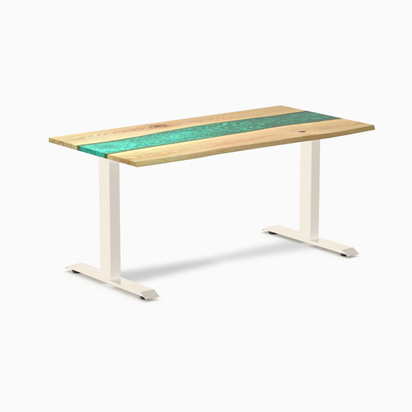 Desky Resin Hardwood Office Desk, White Ash Emerald River desktop, Wheat frame