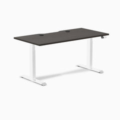 Desky Dual Scalloped Laminate Sit Stand Desk, Burnished Wood desktop, White frame