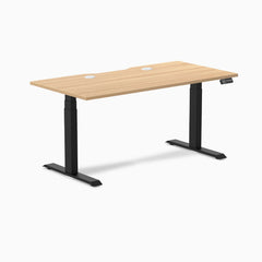Desky Dual Scalloped Laminate Sit Stand Desk, Sublime Teak desktop, Matte Black frame