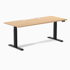 Desky Dual Scalloped Laminate Sit Stand Desk, Sublime Teak desktop, Matte Black frame