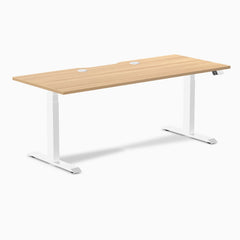 Desky Dual Scalloped Laminate Sit Stand Desk, Sublime Teak desktop, White frame