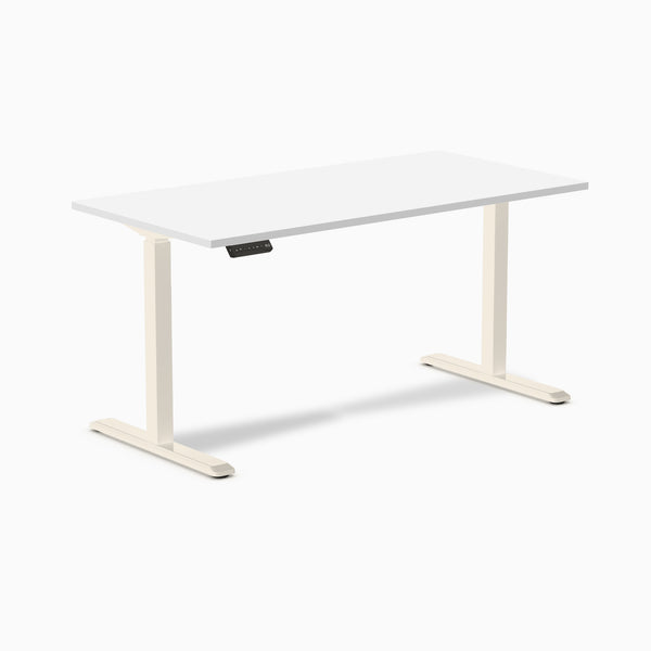 Desky Single Sit Stand Gaming Desk, White desktop, Wheat frame