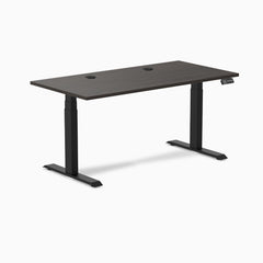 Desky Dual Laminate Sit Stand Desk, Burnished Wood desktop, Matte Black frame
