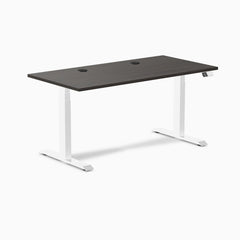 Desky Dual Laminate Sit Stand Desk, Burnished Wood desktop, White frame