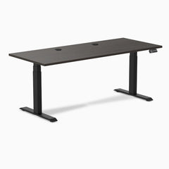 Desky Dual Laminate Sit Stand Desk, Burnished Wood desktop, Matte Black frame