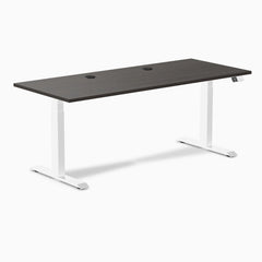 Desky Dual Laminate Sit Stand Desk, Burnished Wood desktop, White frame