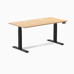 Desky Dual Laminate Sit Stand Desk, Sublime Teak desktop, Matte Black frame