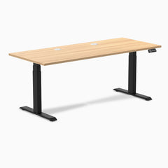 Desky Dual Laminate Sit Stand Desk, Sublime Teak desktop, Matte Black frame