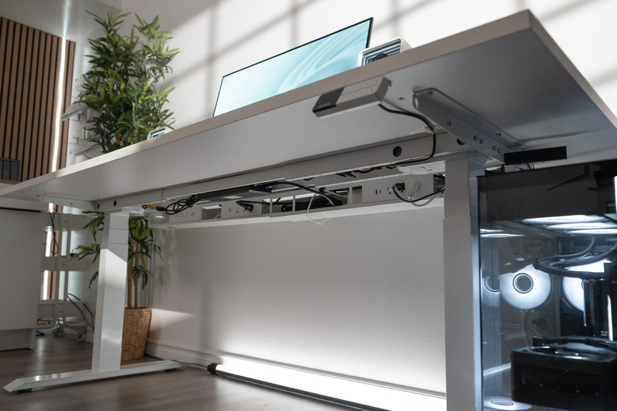 Système intégré de câblage et d'alimentation de Desky sous un bureau Desky Dual
