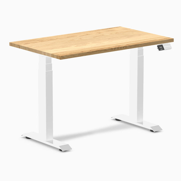 Desky Dual Mini Hardwood Sit Stand Desk, White Oak desktop, White frame