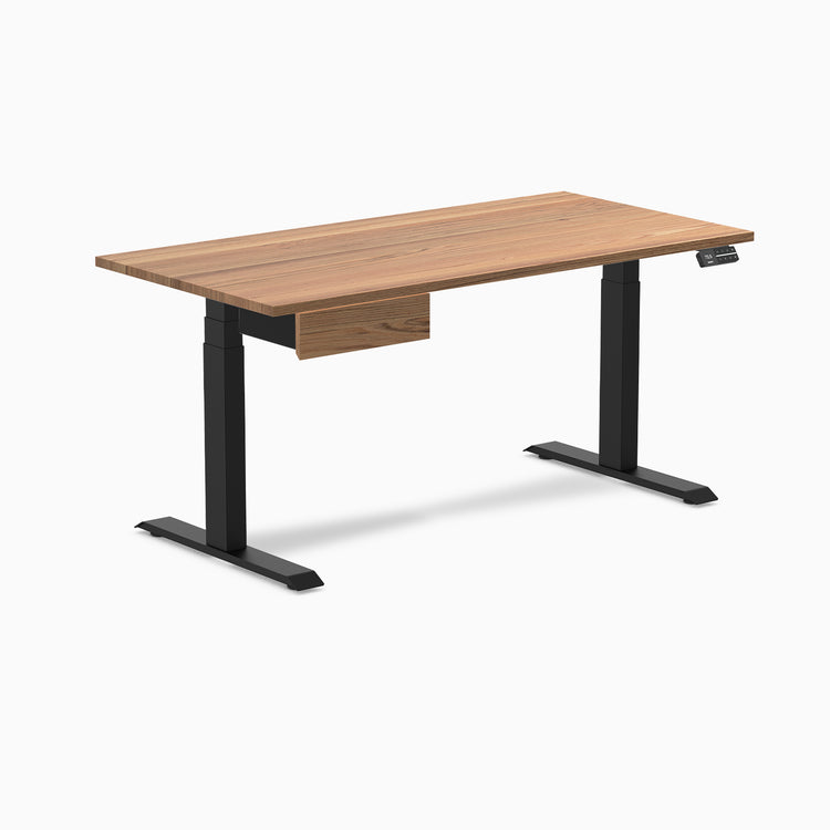 Dual hardwood standing desk with drawer - red oak - black 60"