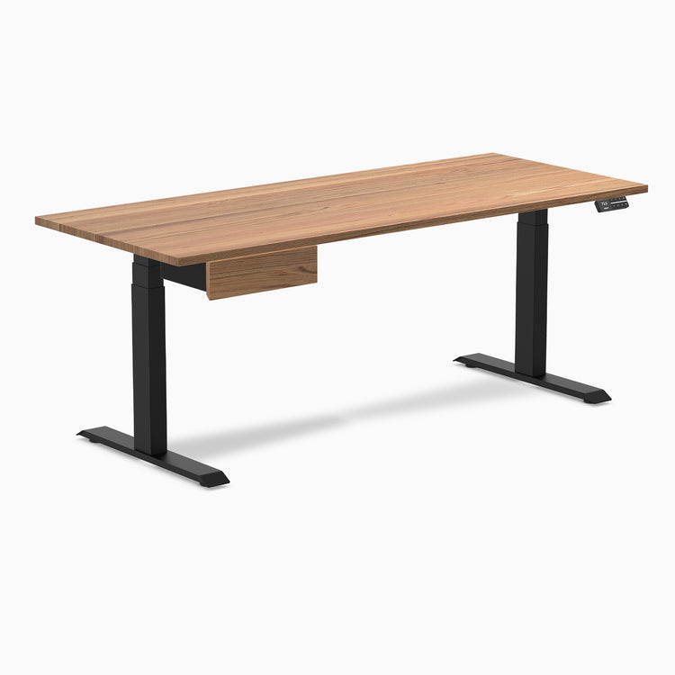 Dual hardwood standing desk with drawer - red oak - black 72"