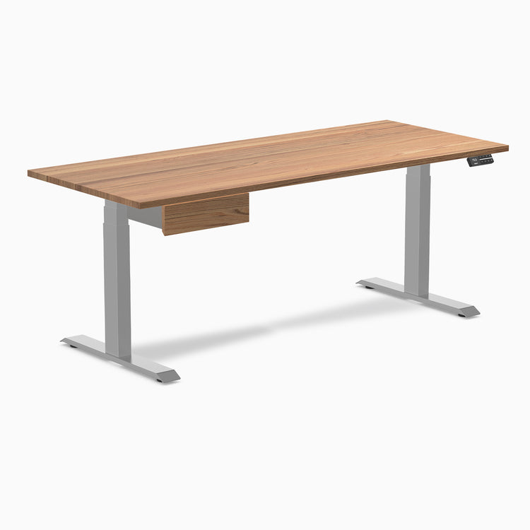 Dual hardwood standing desk with drawer - red oak - grey 72"