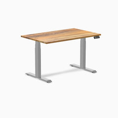 Almost Perfect Desky Dual Hardwood Sit Stand Desk, Teak desktop, Grey frame