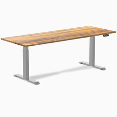 Almost Perfect Desky Dual Hardwood Sit Stand Desk, Teak desktop, Grey frame