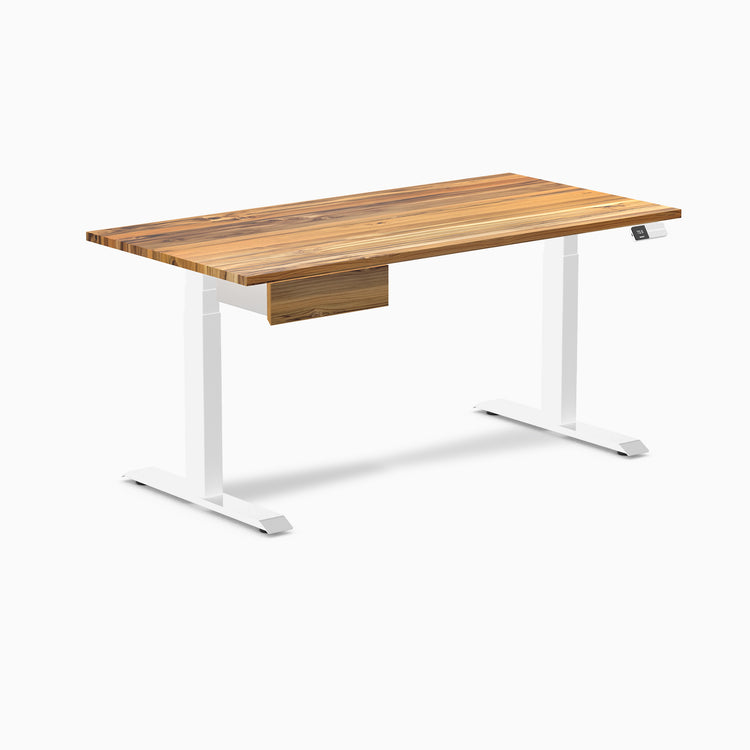 Dual hardwood standing desk with drawer - teak - white 60"