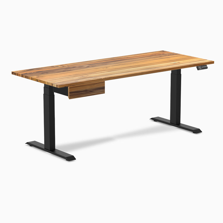 Dual hardwood standing desk with drawer - teak - black 72"