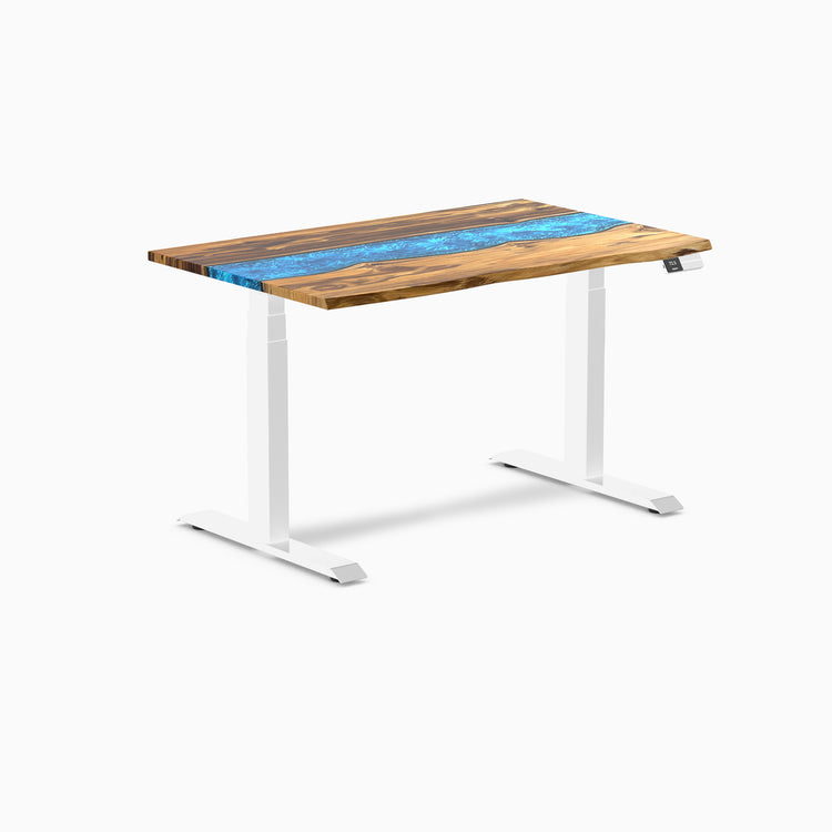 Dual hardwood resin standing desk - Teak blue river - white 48"