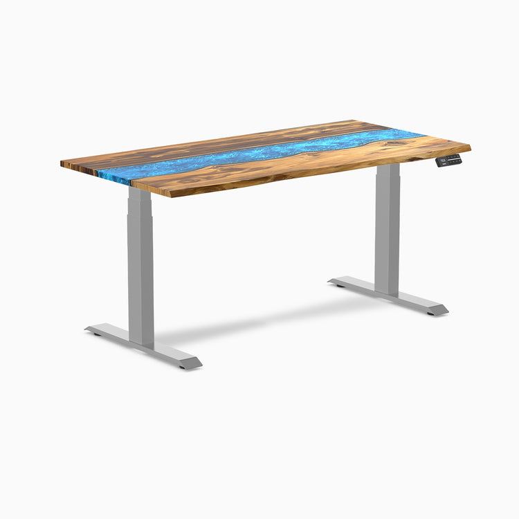 Dual hardwood resin standing desk - Teak blue river - grey 60"