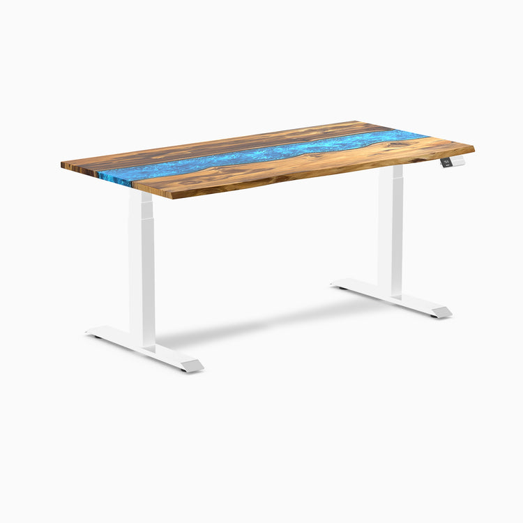 Dual hardwood resin standing desk - Teak blue river - white 60"