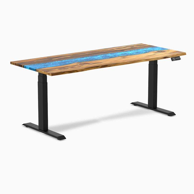 Dual hardwood resin standing desk - Teak blue river - black 72"