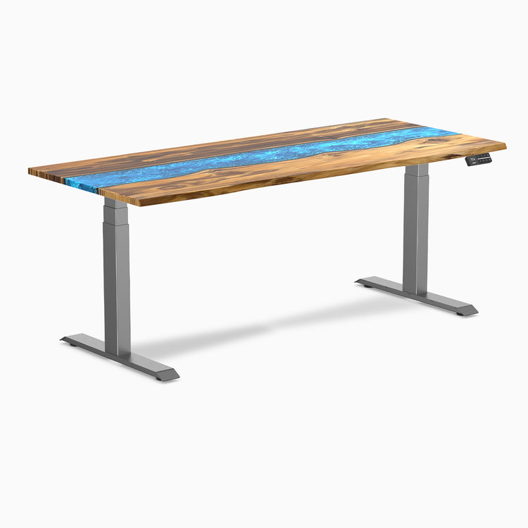 Dual hardwood resin standing desk - Teak blue river - space grey 72"