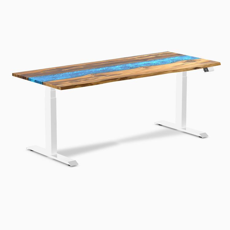 Dual hardwood resin standing desk - Teak blue river - white 72"