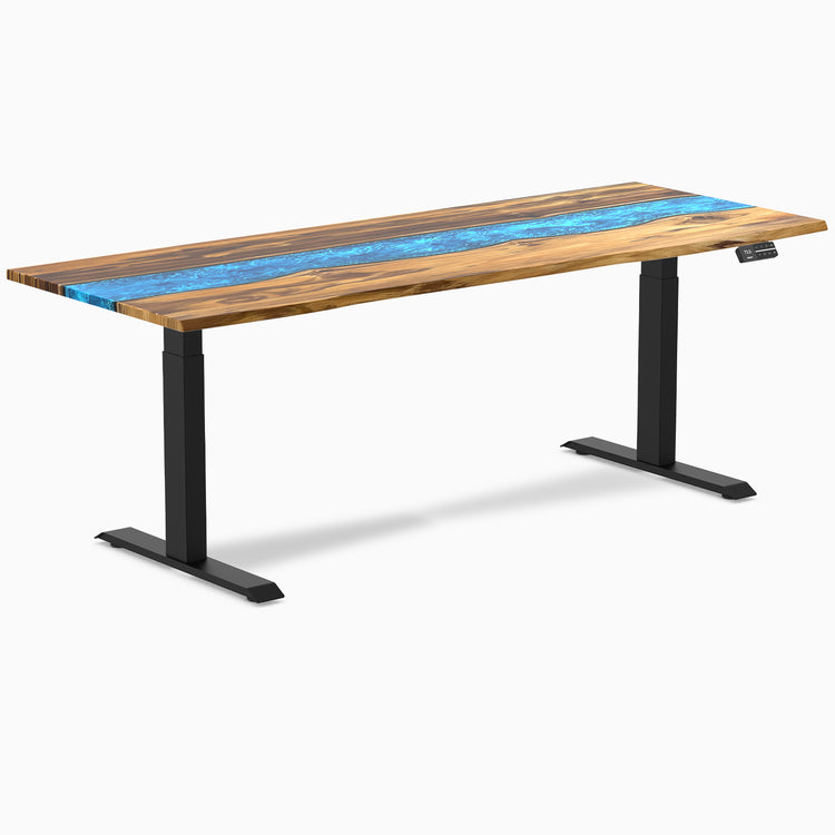 Dual hardwood resin standing desk - Teak blue river - black 80"