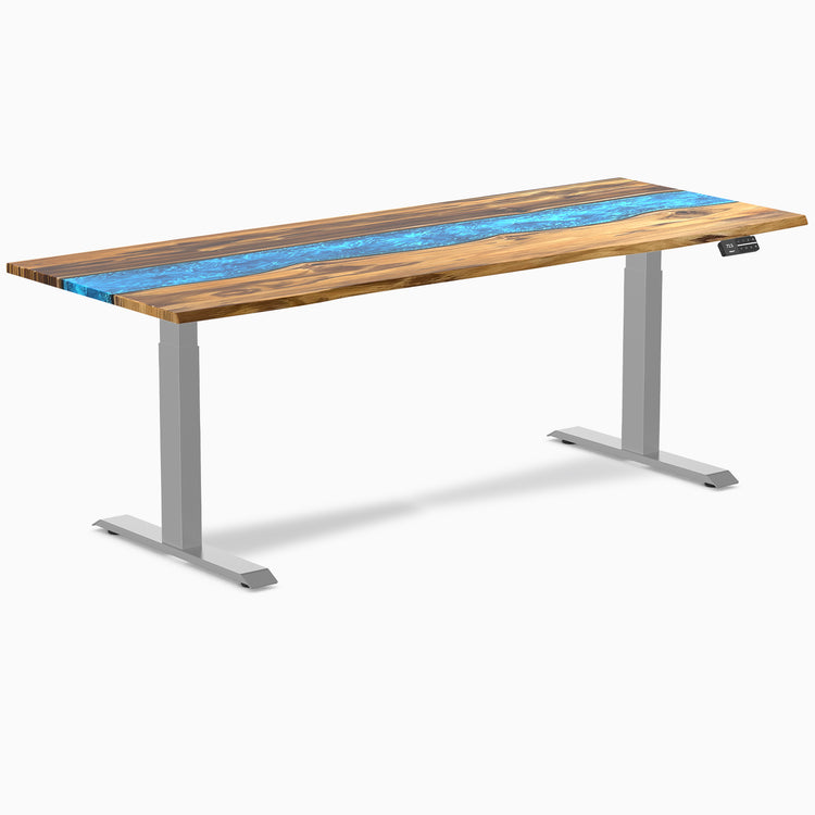 Dual hardwood resin standing desk - Teak blue river - grey 80"