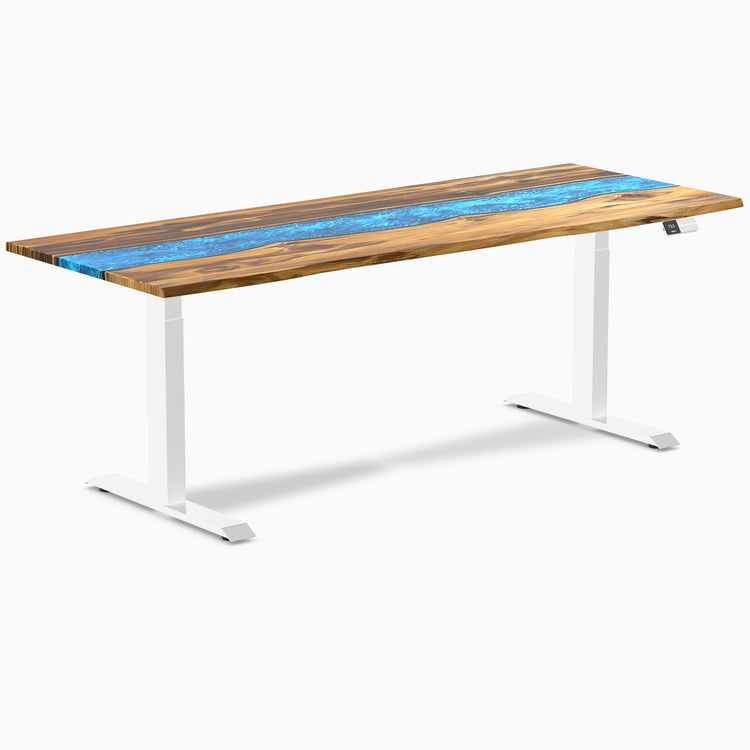 Dual hardwood resin standing desk - Teak blue river - white 80"