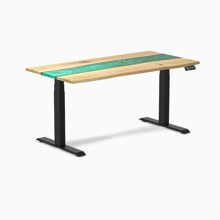 Dual hardwood resin standing desk - White ash emerald river - black 60"