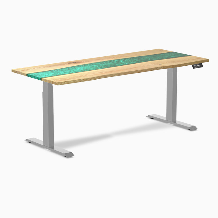 Dual hardwood resin standing desk - White ash emerald river - grey 72"