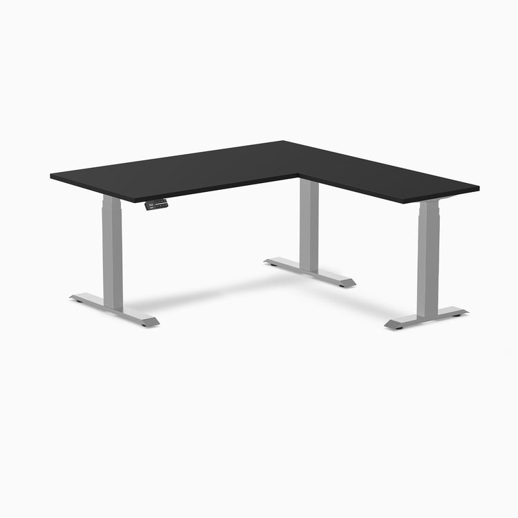 Dual l-shape melamine standing desk - black laminate - grey 60"