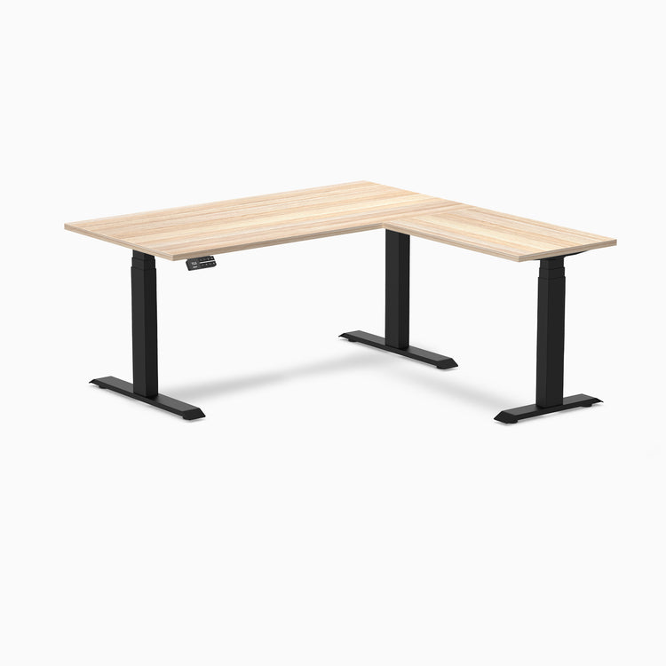 Dual l-shape melamine standing desk - classic oak laminate - black 60"