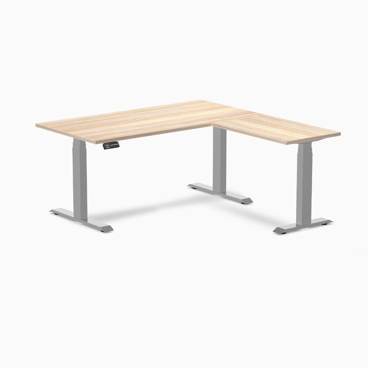 Dual l-shape melamine standing desk - classic oak laminate - grey 60"