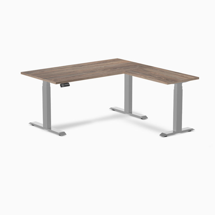 Dual l-shape melamine standing desk - natural walnut laminate - grey 60"