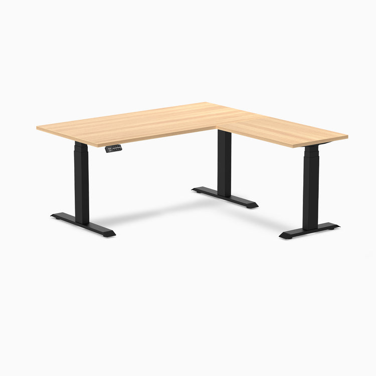 Dual l-shape melamine standing desk - sublime teak laminate - black 60"