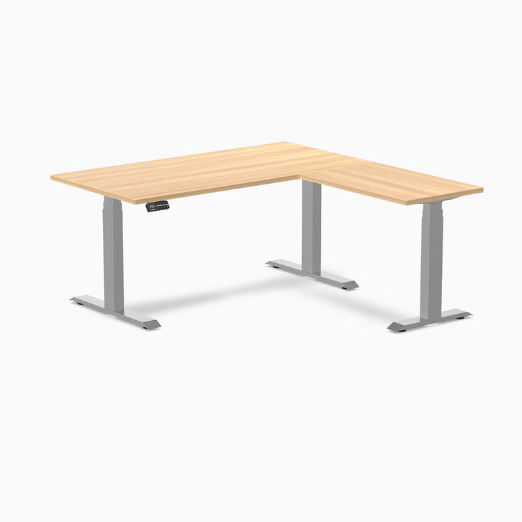 Dual l-shape melamine standing desk - sublime teak laminate - grey 60"