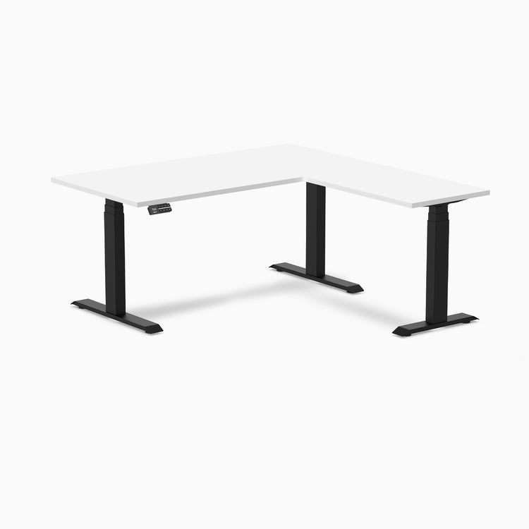 Dual l-shape melamine standing desk - white laminate - black 60"