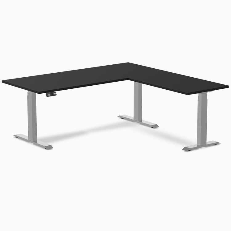 Dual l-shape melamine standing desk - black laminate - grey 72"