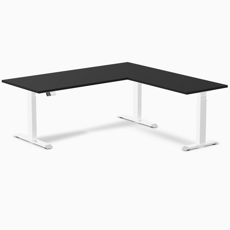 Dual l-shape melamine standing desk - black laminate - white 72"