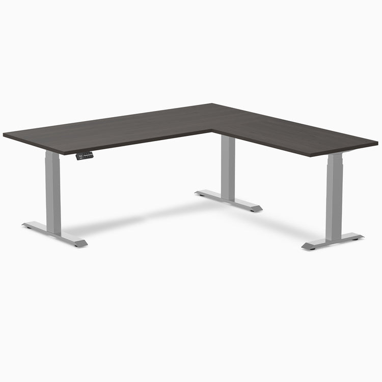 Dual l-shape melamine standing desk - burnished wood laminate - grey 72"