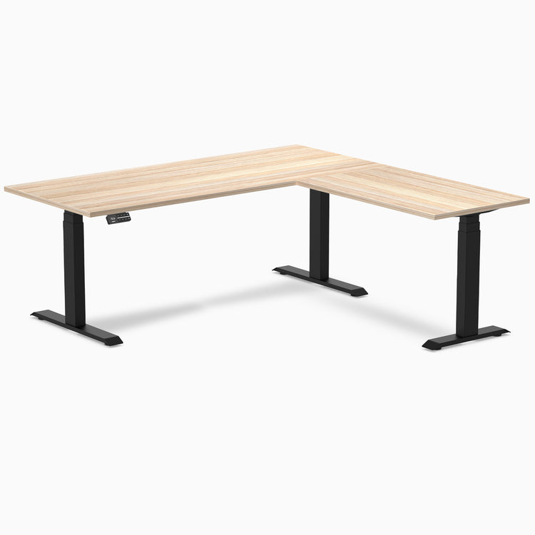 Dual l-shape melamine standing desk - classic oak laminate - black 72"