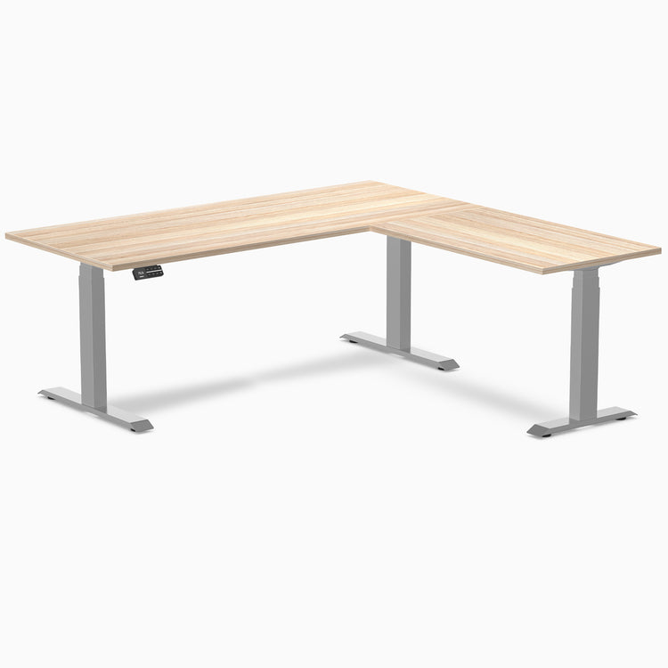 Dual l-shape melamine standing desk - classic oak laminate - grey 72"