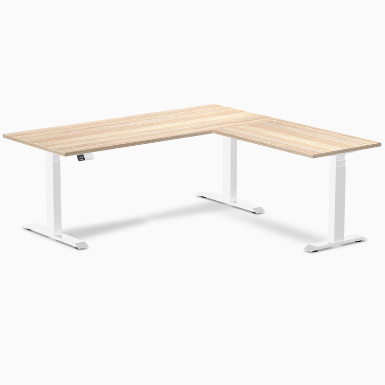 Dual l-shape melamine standing desk - classic oak laminate - white 72"