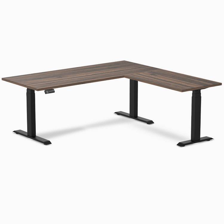 Dual l-shape melamine standing desk - jarrah legno laminate - black 72"