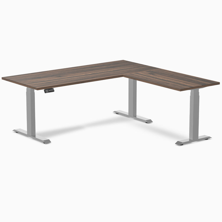 Dual l-shape melamine standing desk - jarrah legno laminate - grey 72"