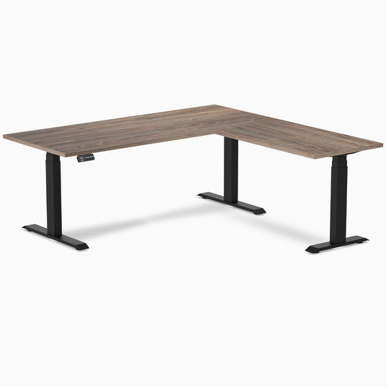 Dual l-shape melamine standing desk - Natural walnut - black 72"