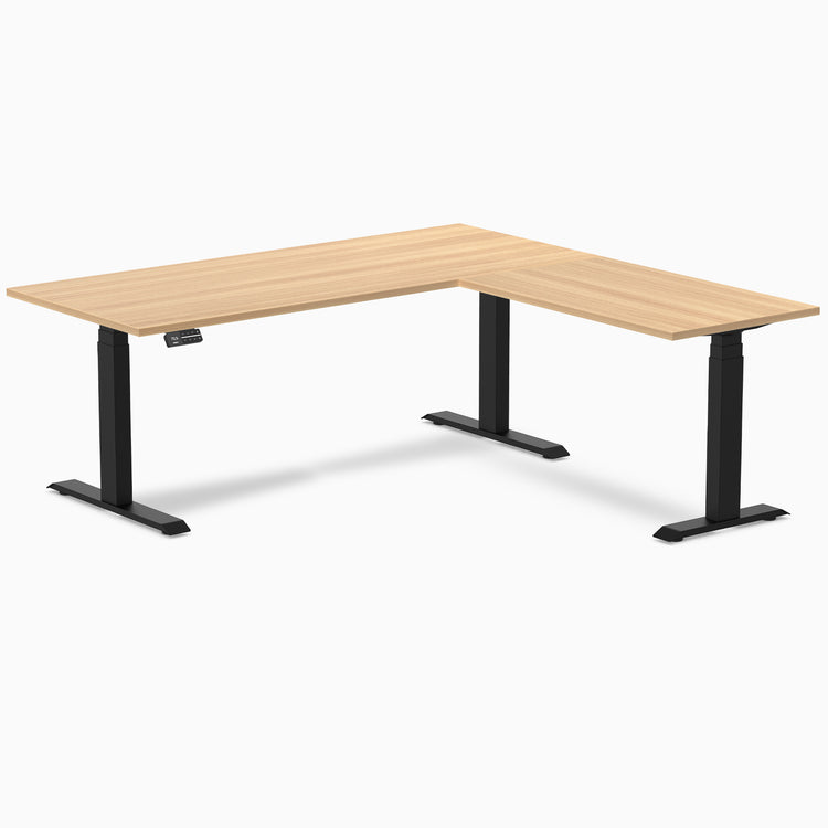 Dual l-shape melamine standing desk - sublime teak laminate - black 72"