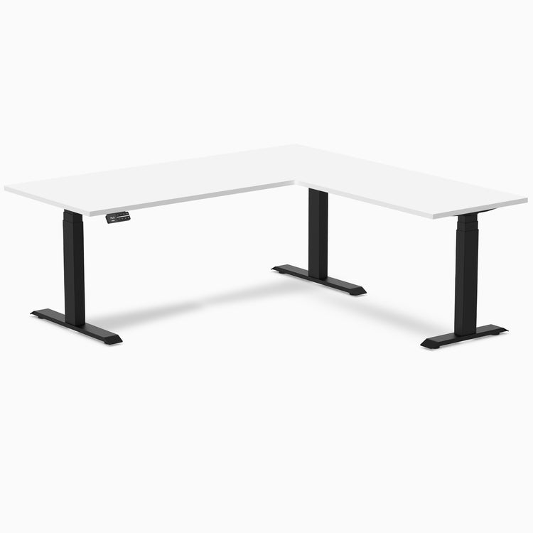 Dual l-shape melamine standing desk - white laminate - black 72"